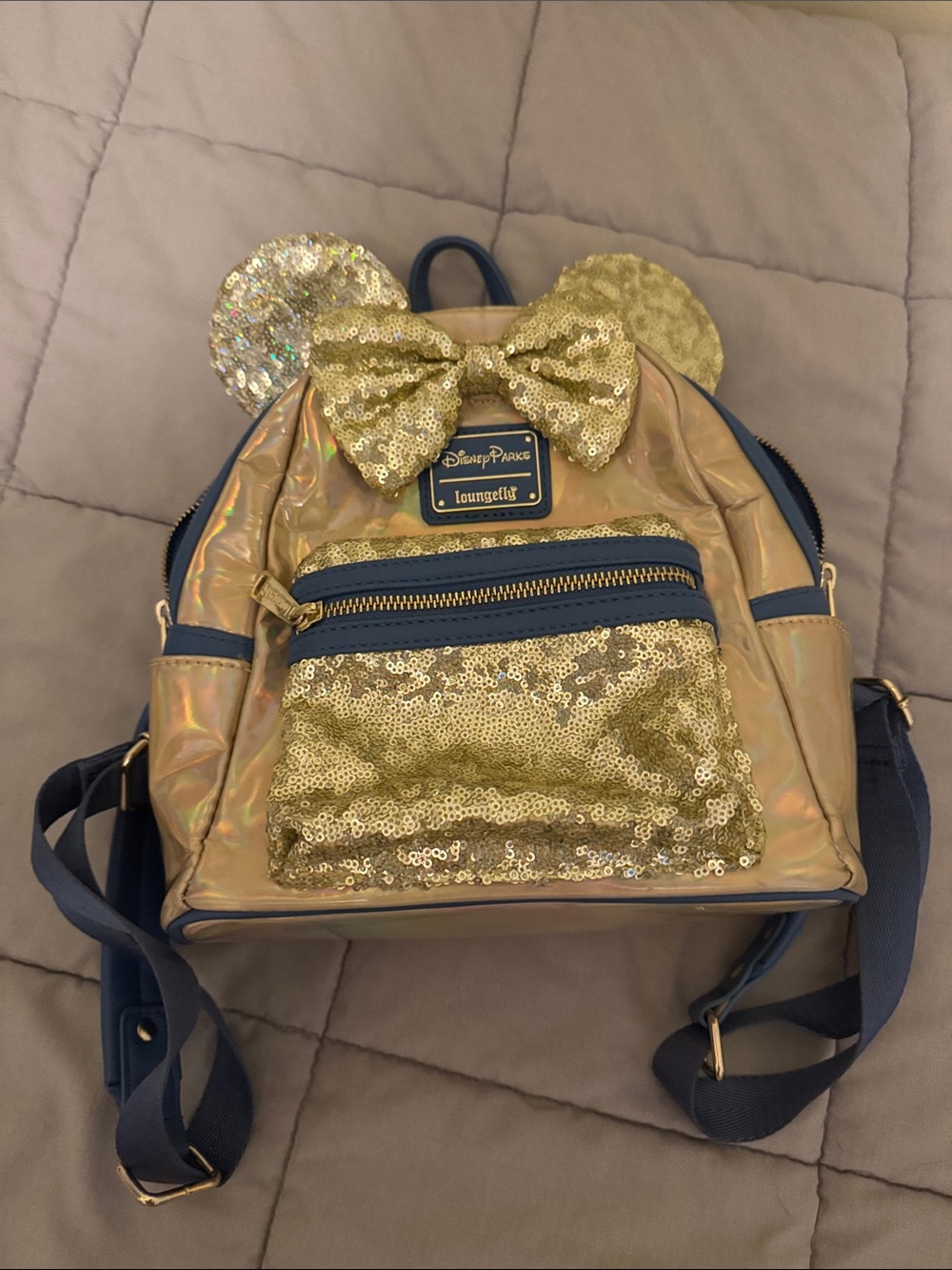 Loungefly Gold Sequin Minnie Ear Kids Backpack with Navy Straps